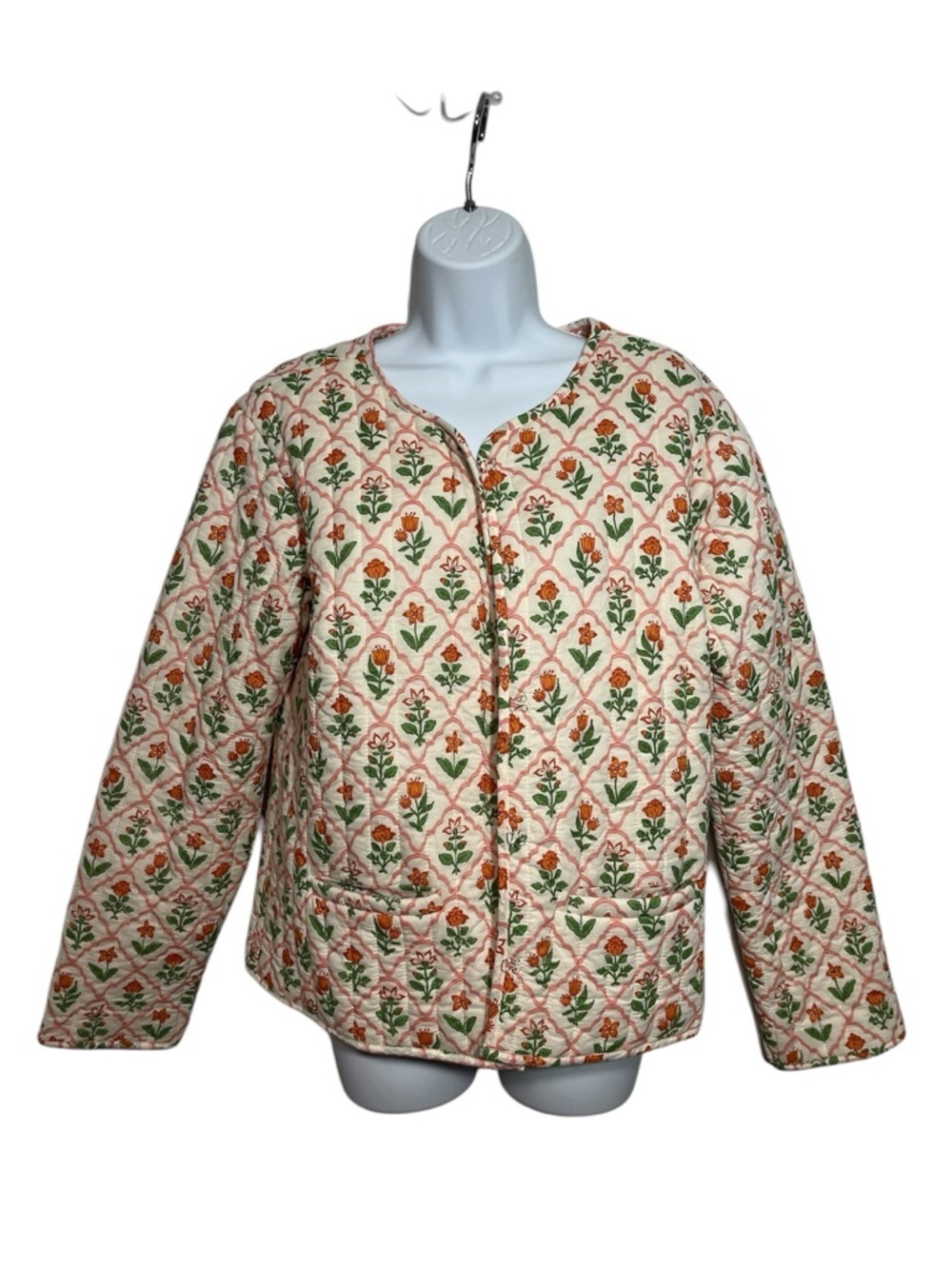 Floral Quilted Jacket Lightweight Spring Cardigan Size Medium 100% Cotton Lined